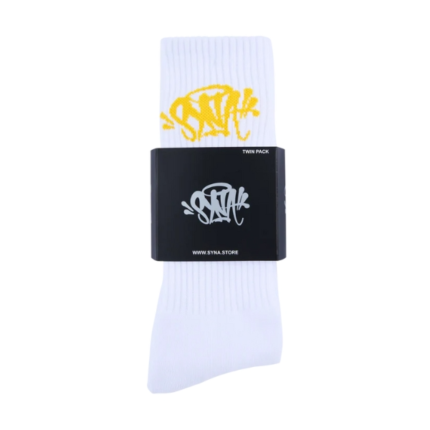 SYNA 2 PACK WHITE SOCK YELLOW LOGO.
